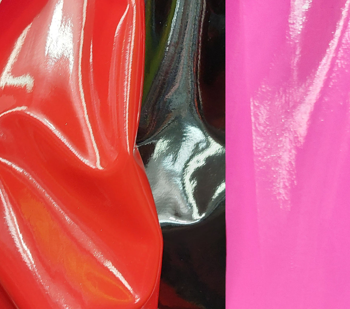 Photo of red, black and hot pink vinyl fabric selection.