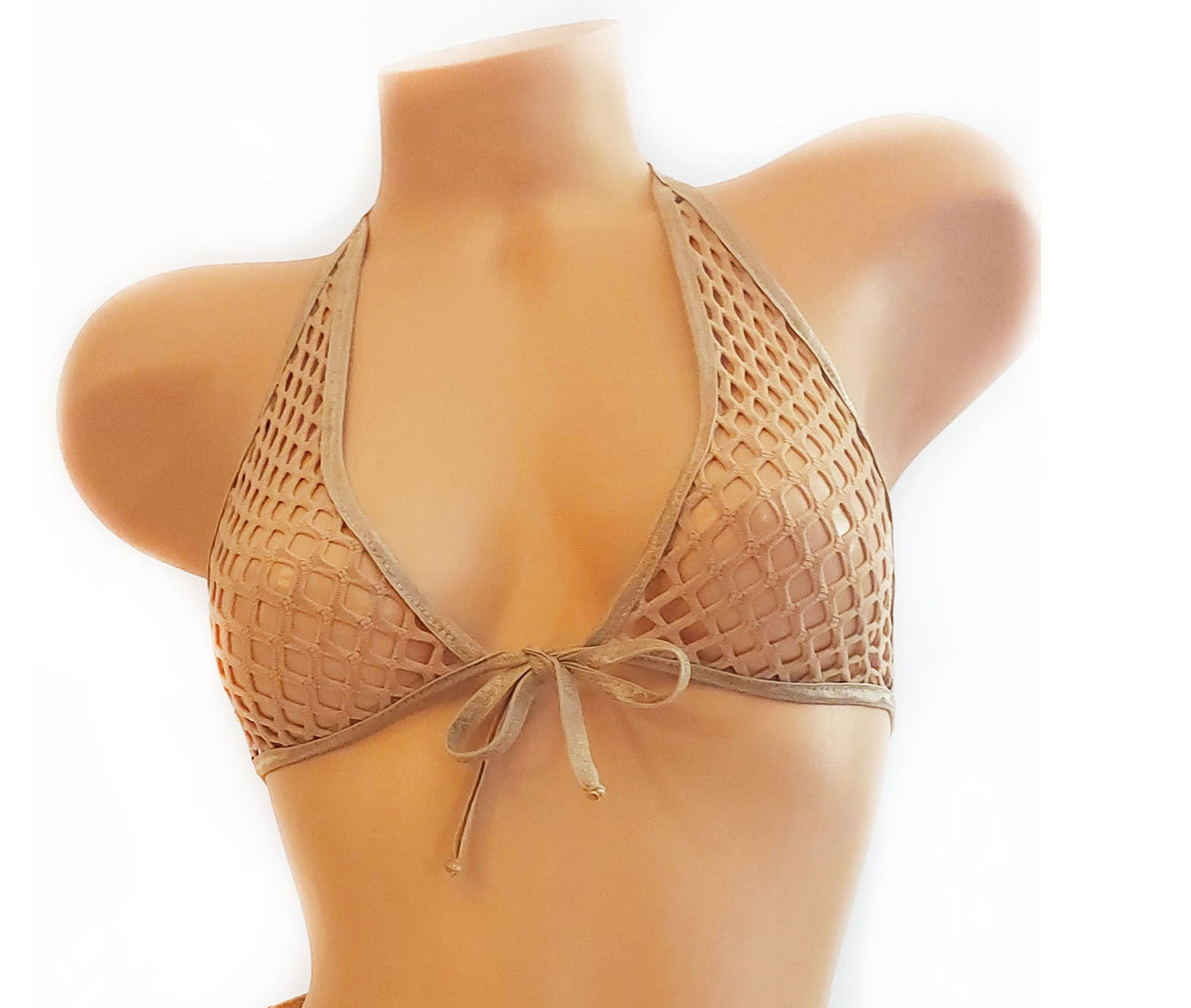 A beige fishnet bikini top displayed on a tan mannequin torso against a plain white background.