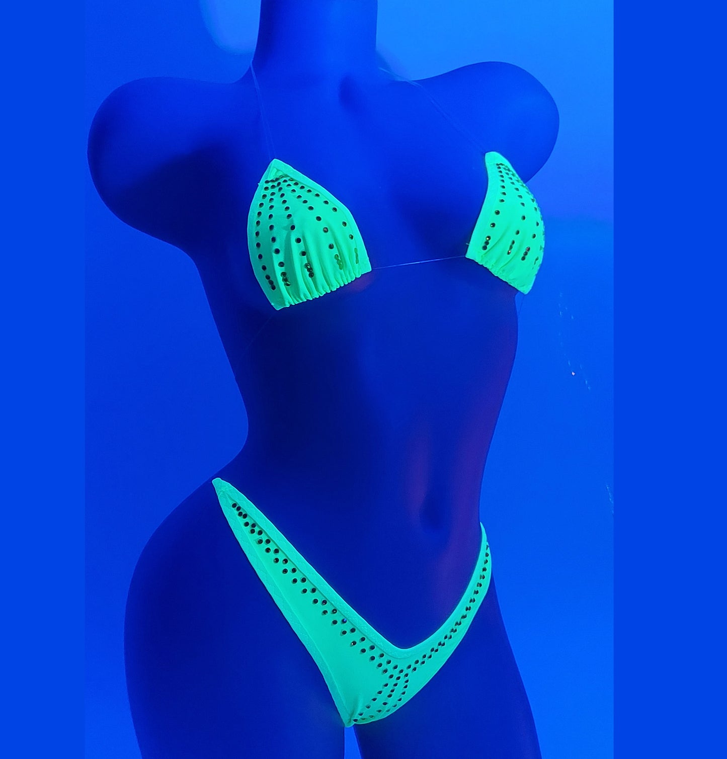 Glows in Black Light - Neon Yellow Clear invisible elastic Micro string thong bikini with Rhinestones- DD cup to AA cup - XSm to LG