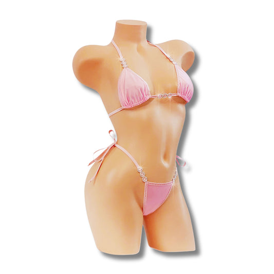 Baby Pink and diamond sexy tie side bikini on a curvy mannequin.