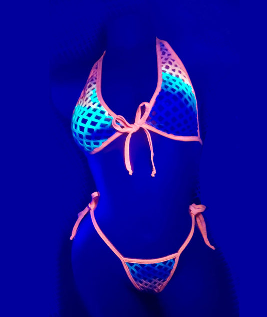 Black light photo of glow in the dark 2 piece fishnet bikini