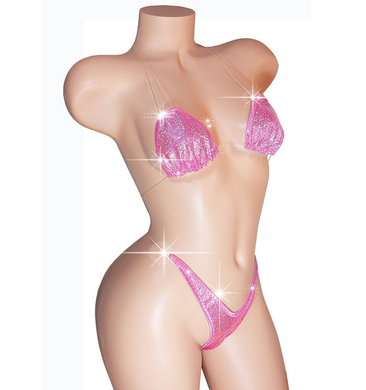 Baby Pink Hologram Adjustable Strap clear invisible elastic Sizes XS - XL two piece thong bikini