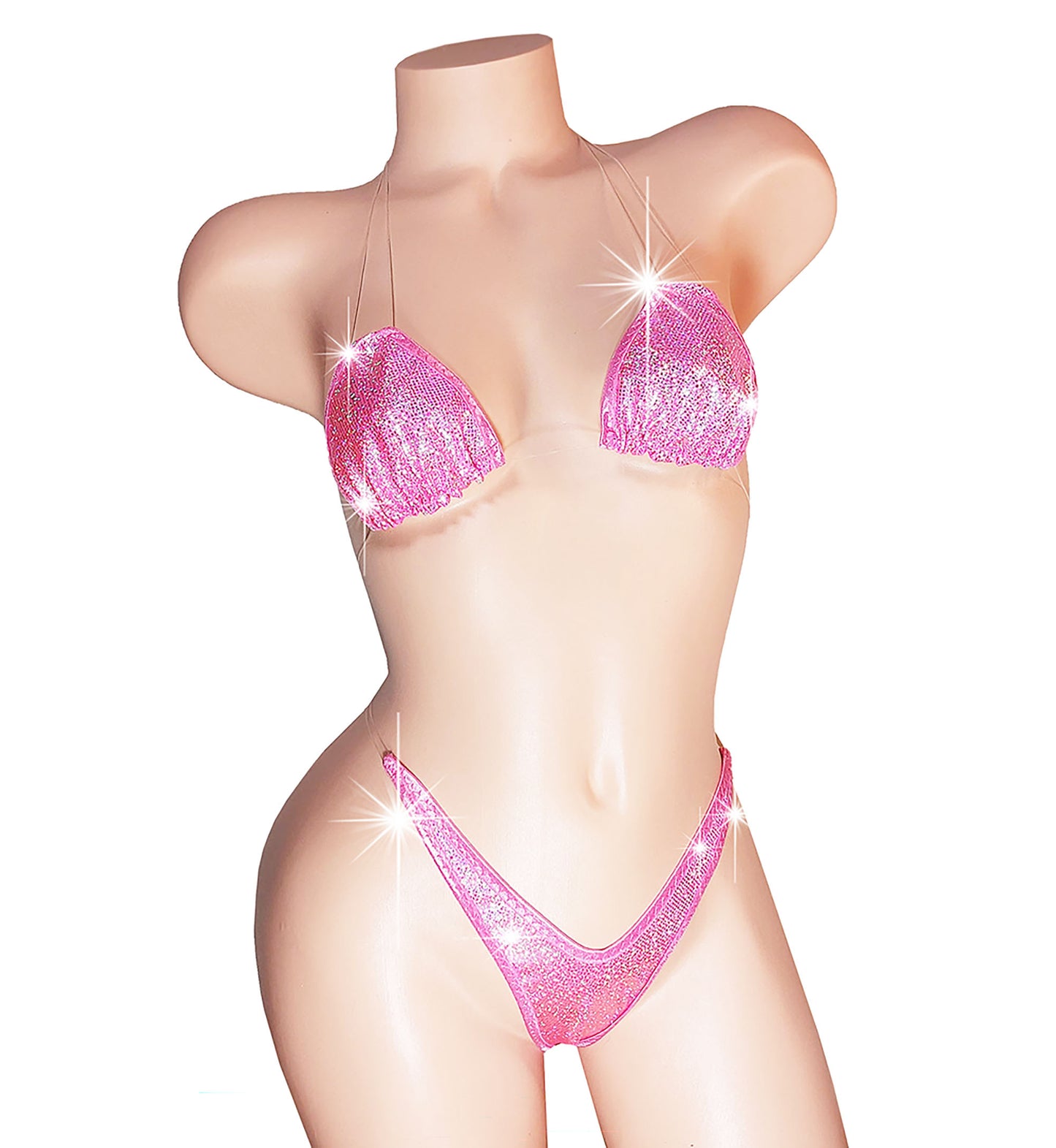 Baby Pink Hologram Adjustable Strap clear invisible elastic Sizes XS - XL two piece thong bikini