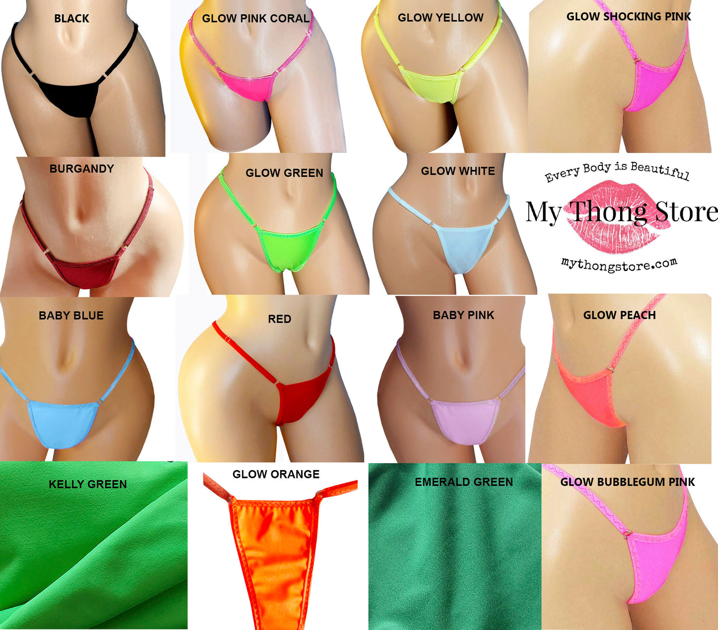 Collage of thongs in multiple colors offered by mythongstore.com