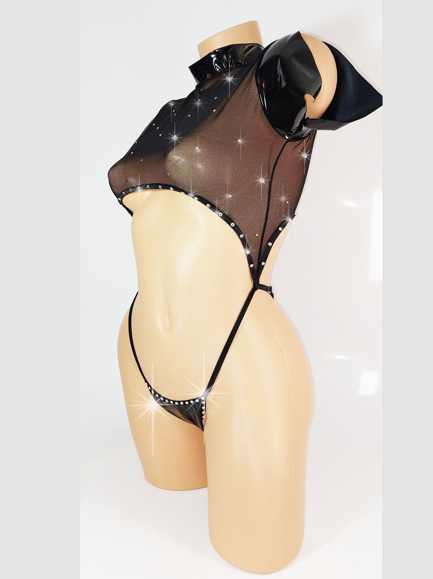 VINYL & RHINESTONE One-Piece short Sleeve Crop Top and Adjustable bottom Slider Slingshot - Original Exotic Dancewear, Stripper Outfits, PoleDance Lingerie