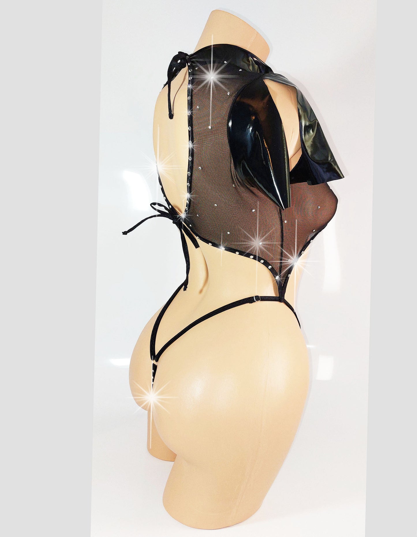 VINYL & RHINESTONE One-Piece short Sleeve Crop Top and Adjustable bottom Slider Slingshot - Original Exotic Dancewear, Stripper Outfits, PoleDance Lingerie