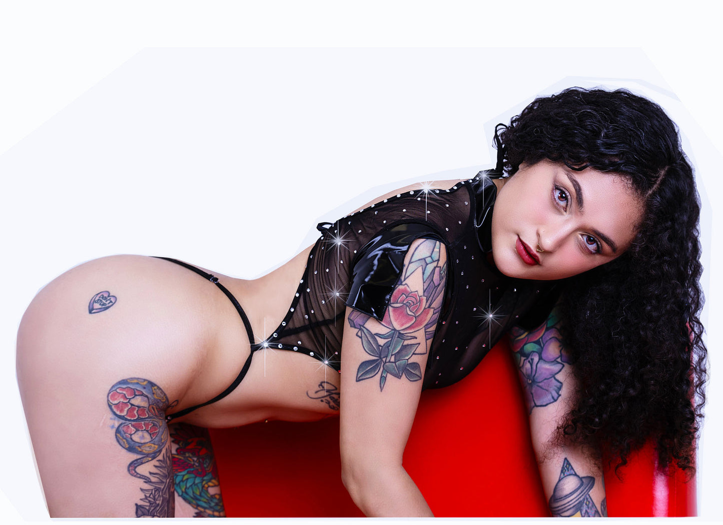 VINYL & RHINESTONE One-Piece short Sleeve Crop Top and Adjustable bottom Slider Slingshot - Original Exotic Dancewear, Stripper Outfits, PoleDance Lingerie