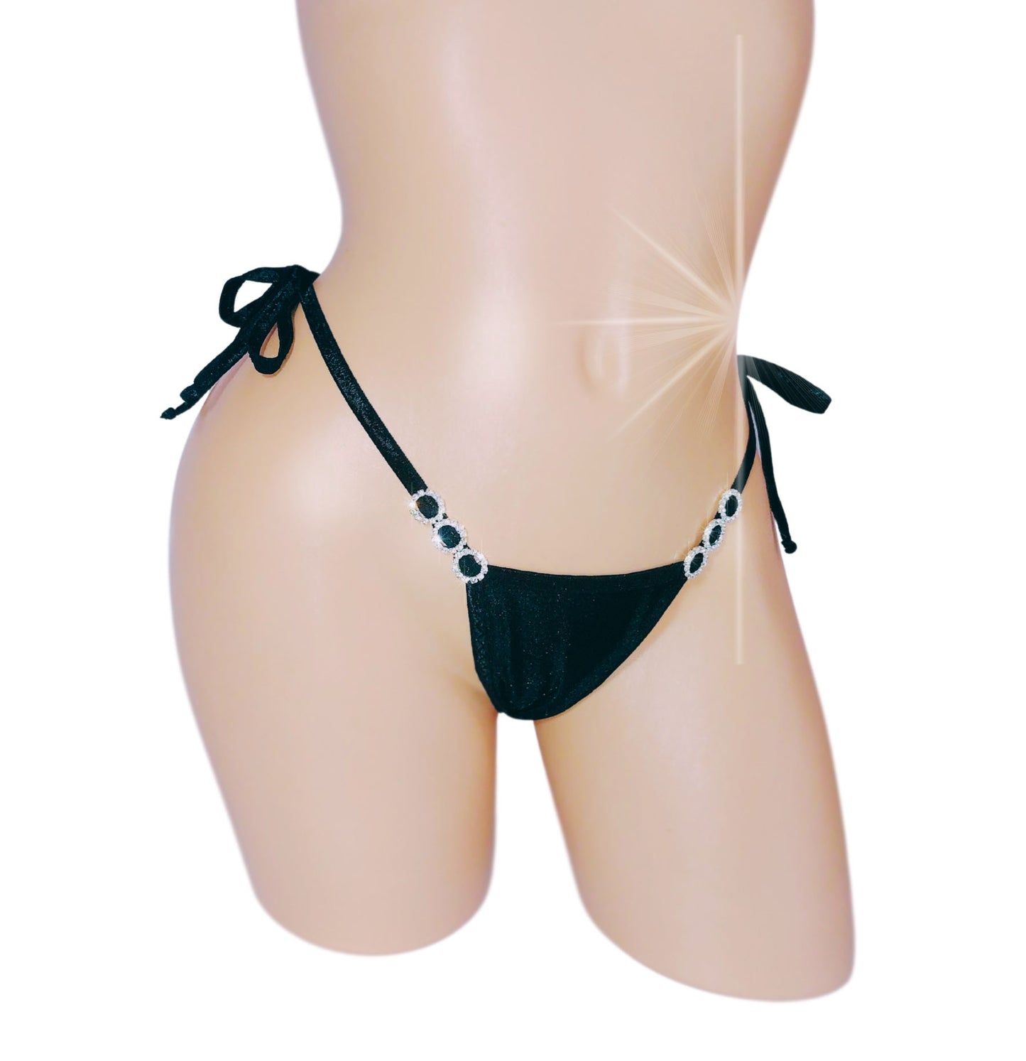 Black diamond accented tie side thong on a curvy mannequin torso.