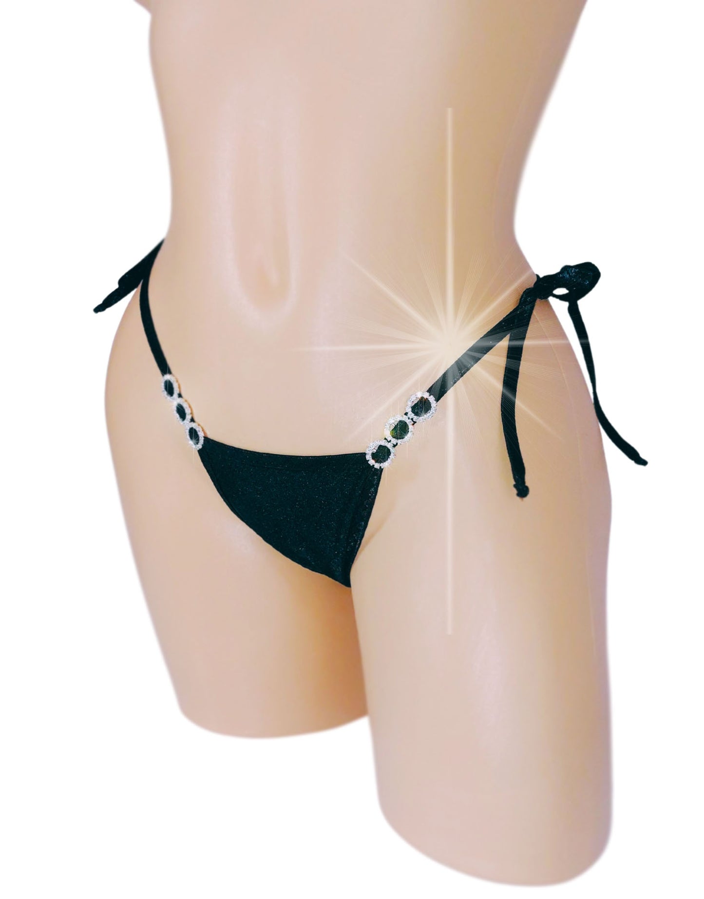 Black diamond accented tie side thong on a curvy mannequin torso.