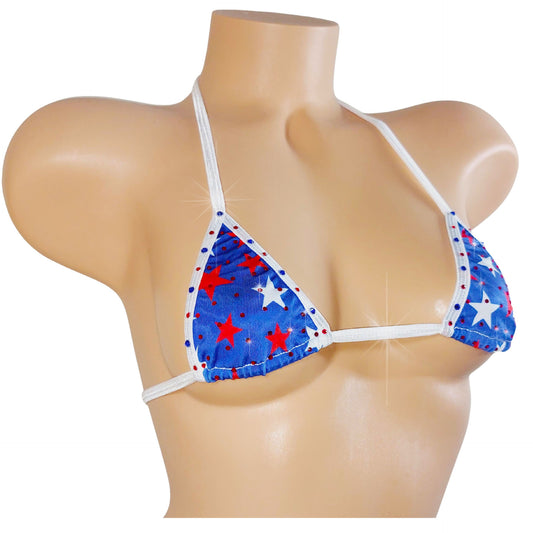 Rhinestone bedazzled Blue bikini top with star pattern on a mannequin