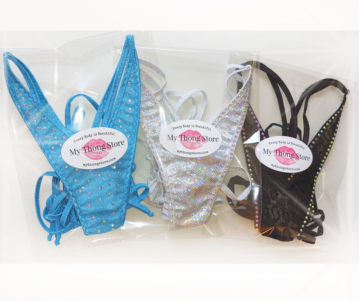 3 rhinestoned thong bikinis by mythongstore.com in packages