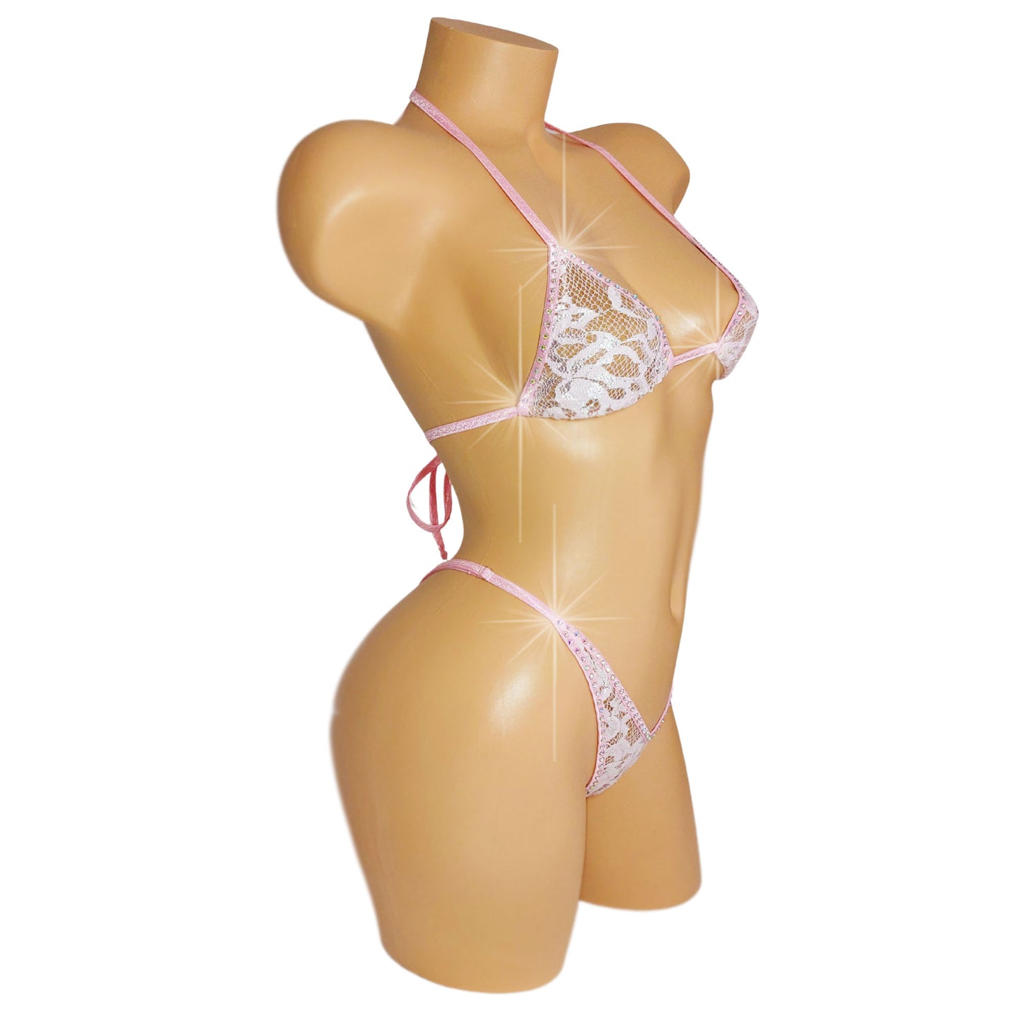 Baby Pink Lace with Crystal Rhinestones - Fully lined - designs for Rave, exotic Dancewear, Stripper outfits, Pole Dance