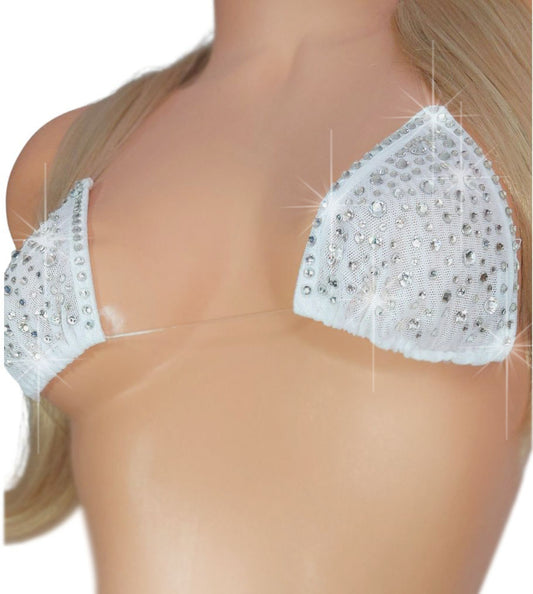 White mesh invisible strap string bikini covered in diamond rhinestones on a curvy mannequin.
