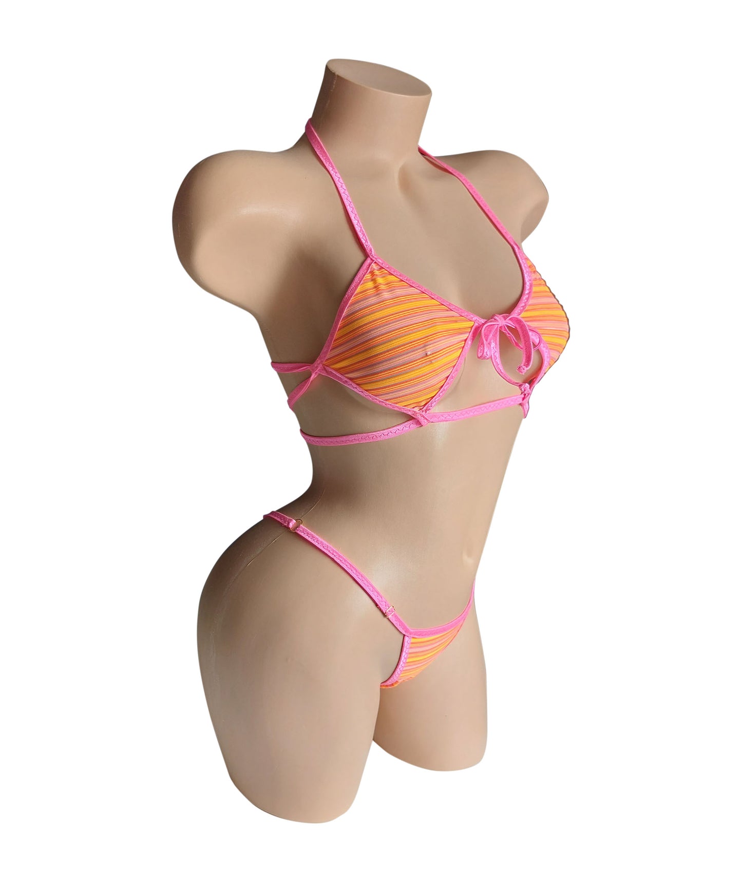 Orange Stripe & Pink strappy semi-sheer adjustable bikini set! Stripper outfits, poledance, exotic dancewear