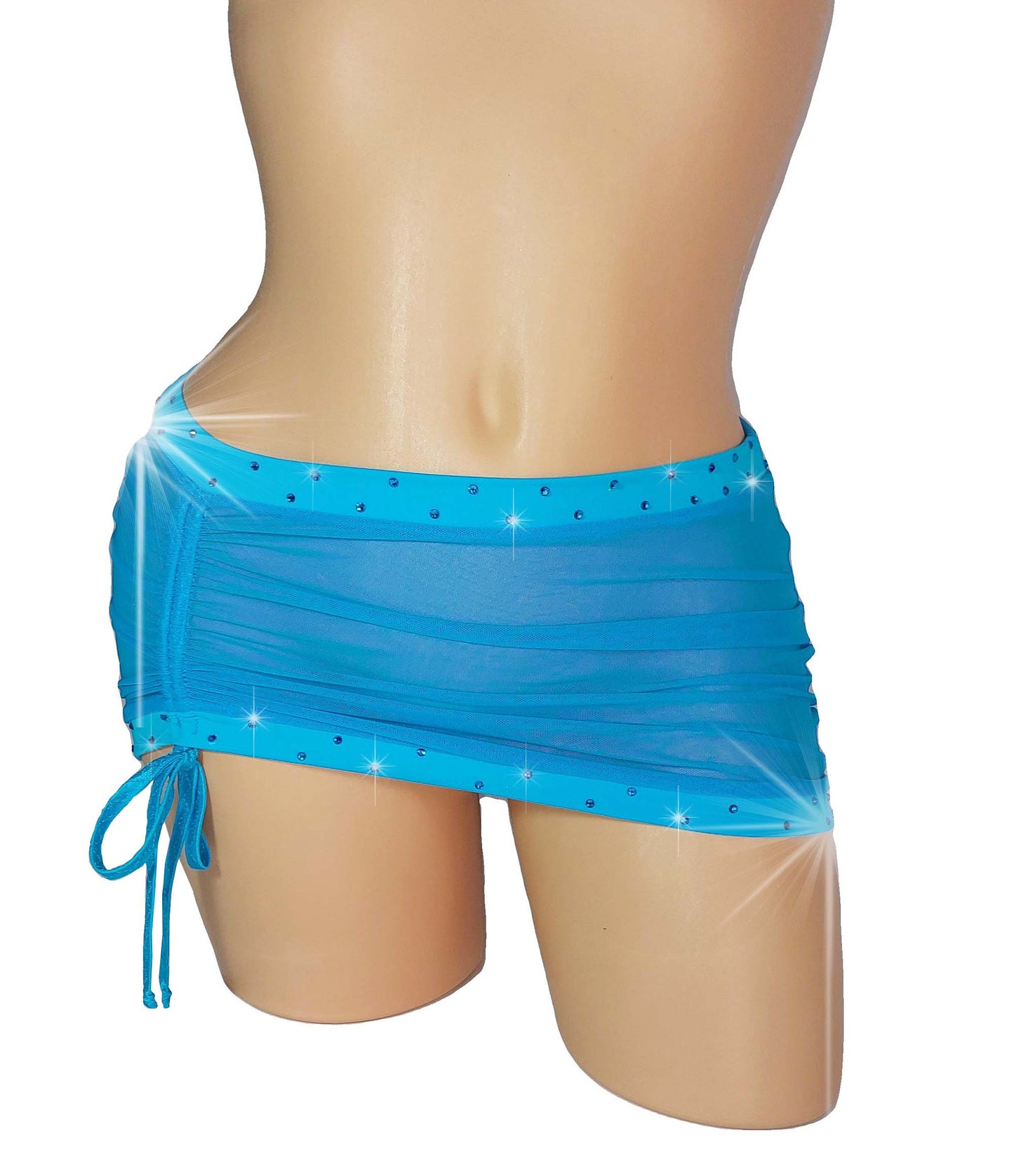 Ocean Blue mesh micro mini skirt with gathered slit in front and rhinestone accents on waistband and hem, on a sexy mannequin torso.