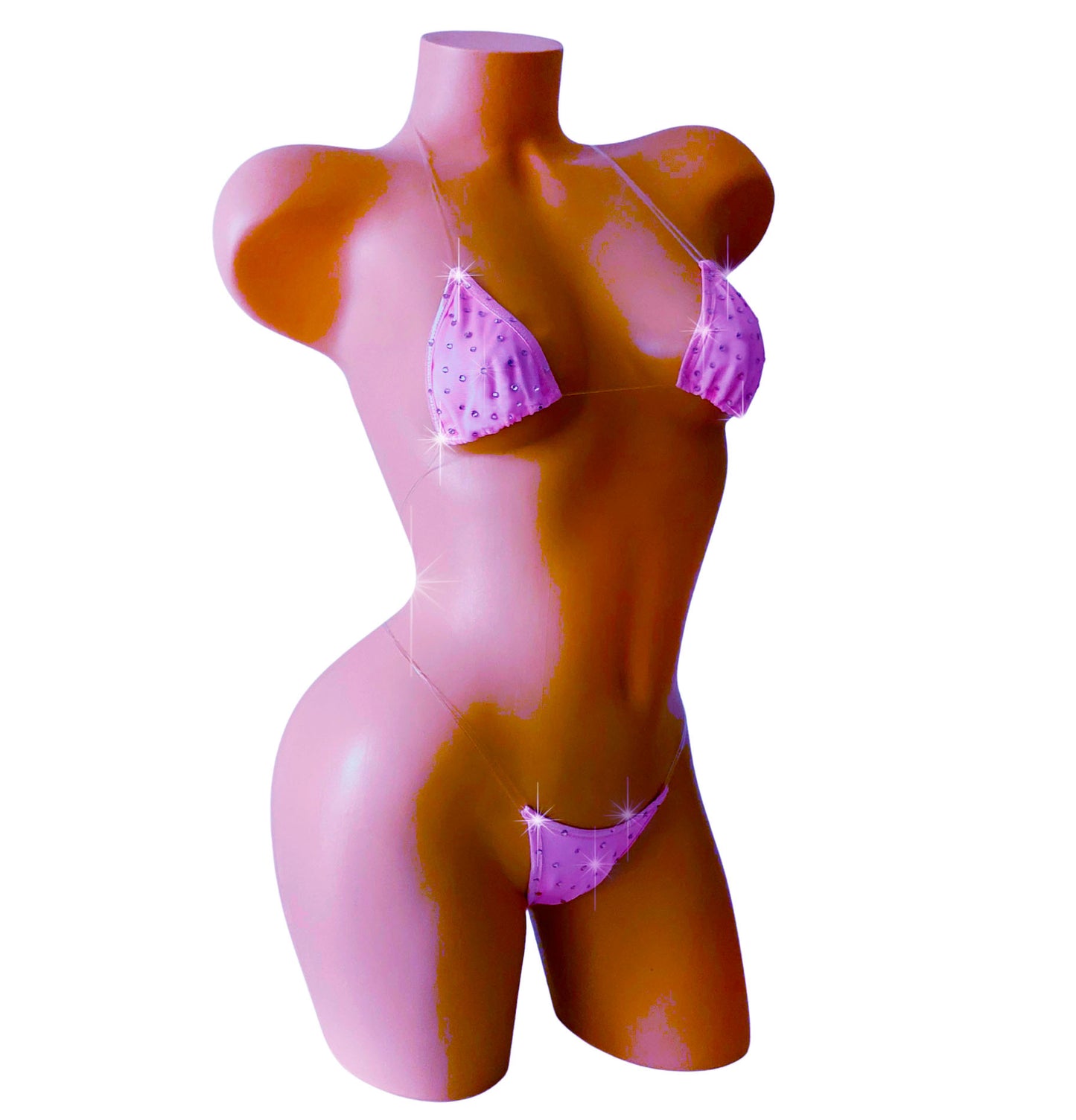 Mannequin wearing a pink bikini with a white background