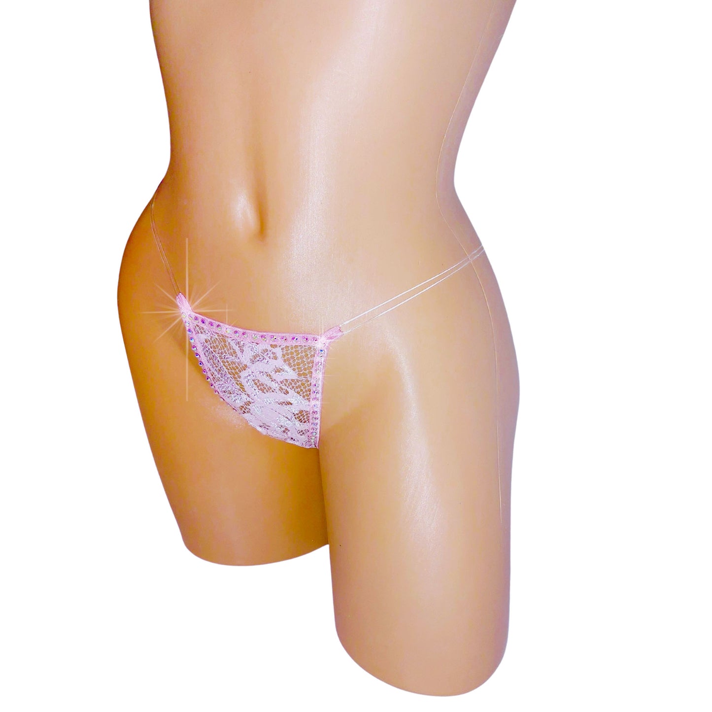 Demure Baby Pink Lace clear elastic ILLUSION Rhinestone G-string thong