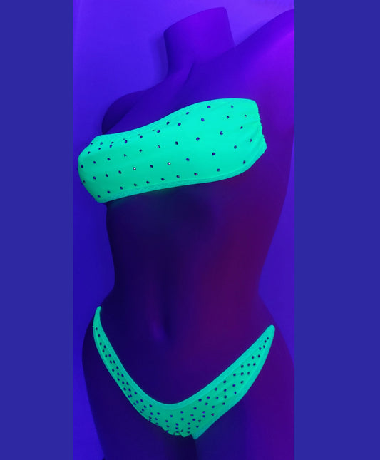 Glow Yellow bandeau clear strap Micro bikini - Lights up in BLACK LIGHT - stripper outfits, exotic dancewear, SW and pole