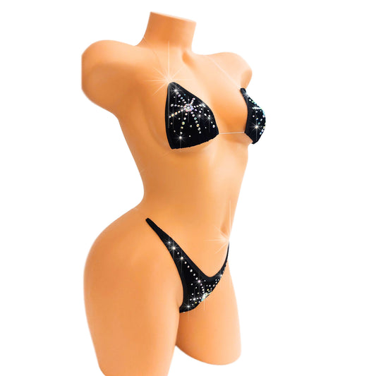 Sexy black clear elastic bikini on a curvy mannequin.
