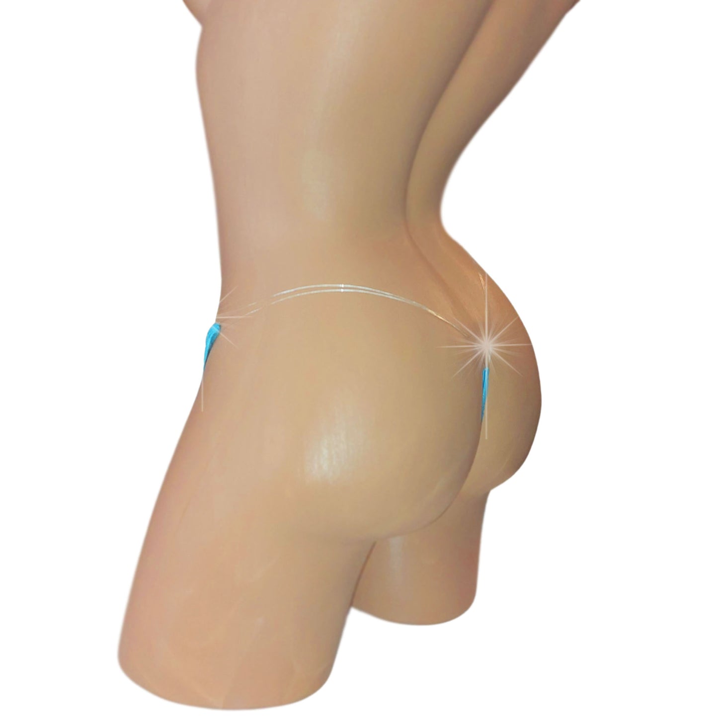 Sky blue sparkly rhinestone thong on a sexy mannequin torso, rear view.