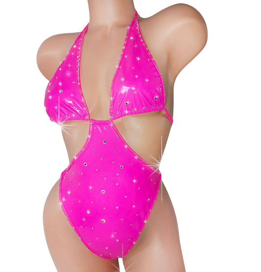 Wet Look vinyl rhinestone Cut out bodysuit