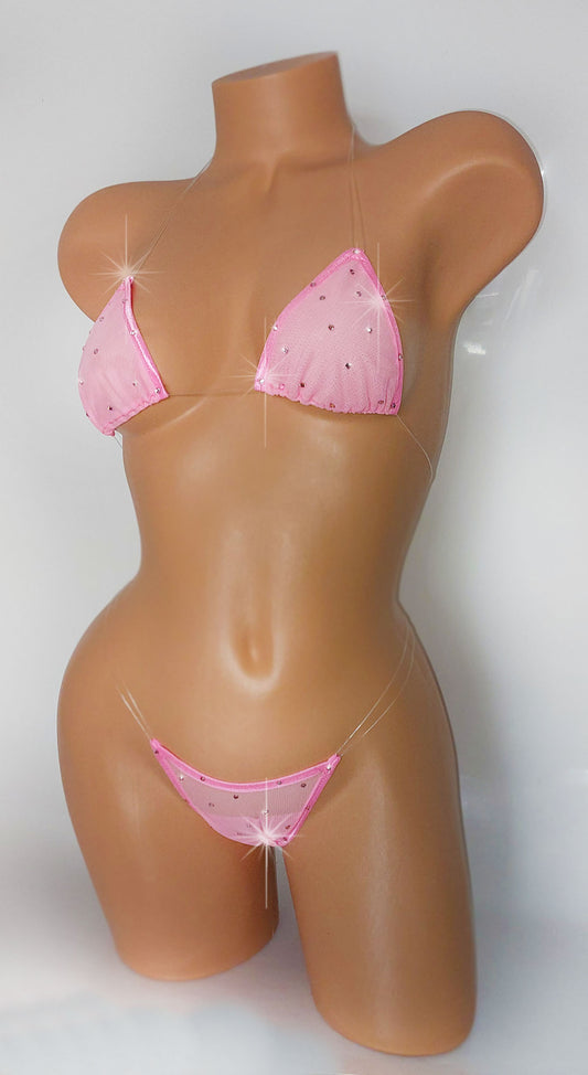 Baby Pink mesh with rhinestones and clear elastic