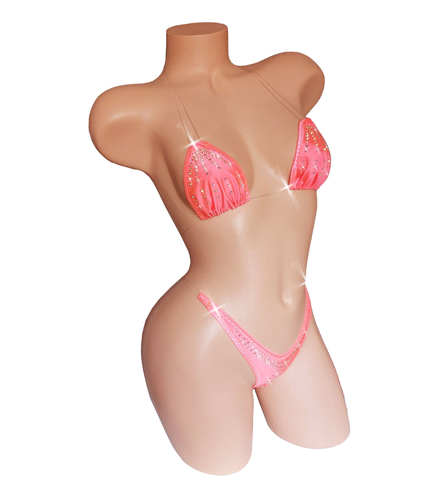 GLOWS in Black Light! Clear invisible transparent elastic two piece Rhinestone thong bikini