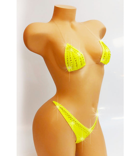 GLOW Yellow Rhinestone micro Illusion bikini - Lingerie for strippers, SW, pole dance and Exotic Dancewear