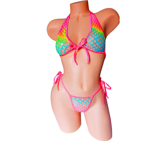 Lined Rainbow fishnet set GLOWS in Black Light! Sexy Fishnet halter & Tie side thong~ 5 CUP sizes! Rave outfits Stripper bikinis Exotic dancer wear pole dance