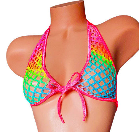 Rainbow fishnet halter top with Pink trim