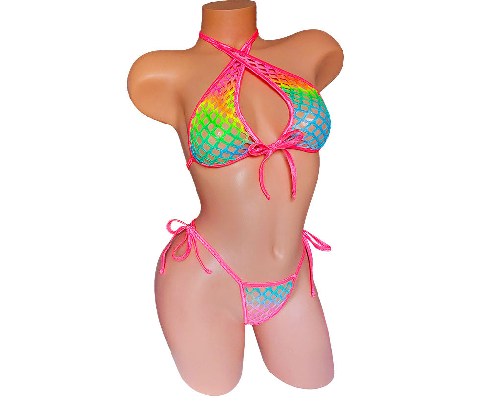 Lined Rainbow fishnet set GLOWS in Black Light! Sexy Fishnet halter & Tie side thong~ 5 CUP sizes! Rave outfits Stripper bikinis Exotic dancer wear pole dance