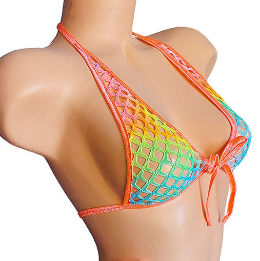 Rainbow fishnet bikini halter top with orange trim on a mannequin with a white background