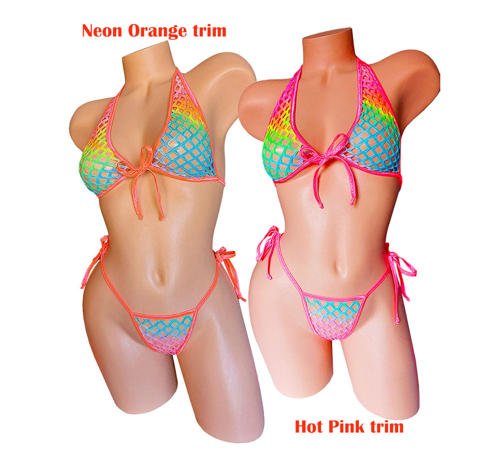 Lined Rainbow fishnet set GLOWS in Black Light! Sexy Fishnet halter & Tie side thong~ 5 CUP sizes! Rave outfits Stripper bikinis Exotic dancer wear pole dance