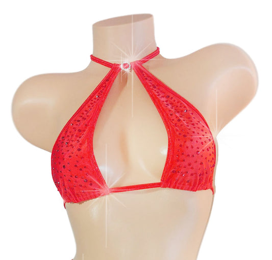 Red rhinestone covered halter crop top.