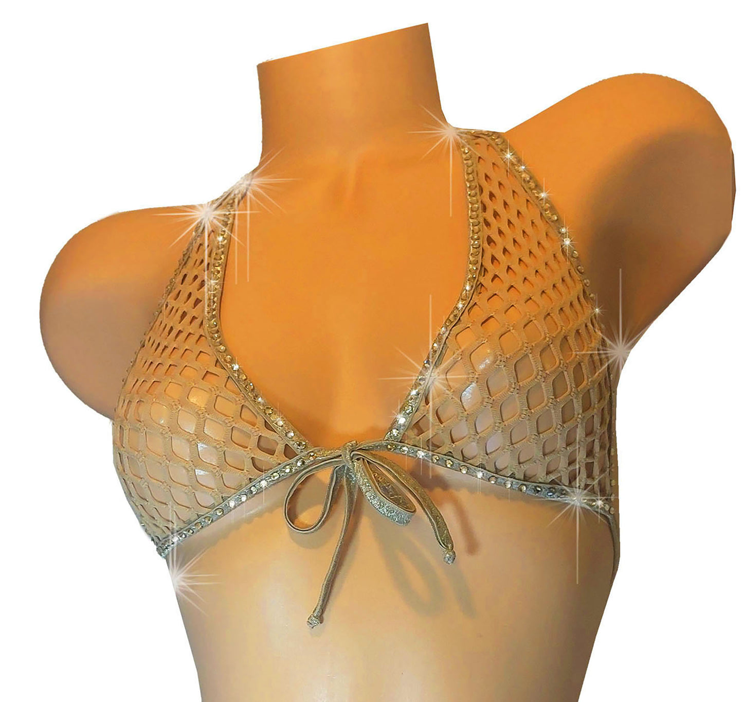Fishnet Rhinestone LINED halter crop Top - Glow in Black Light colors!! From AA cups to DD cups, XS to XL. Rave festival Stripper outfits Pole Exotic dancewear