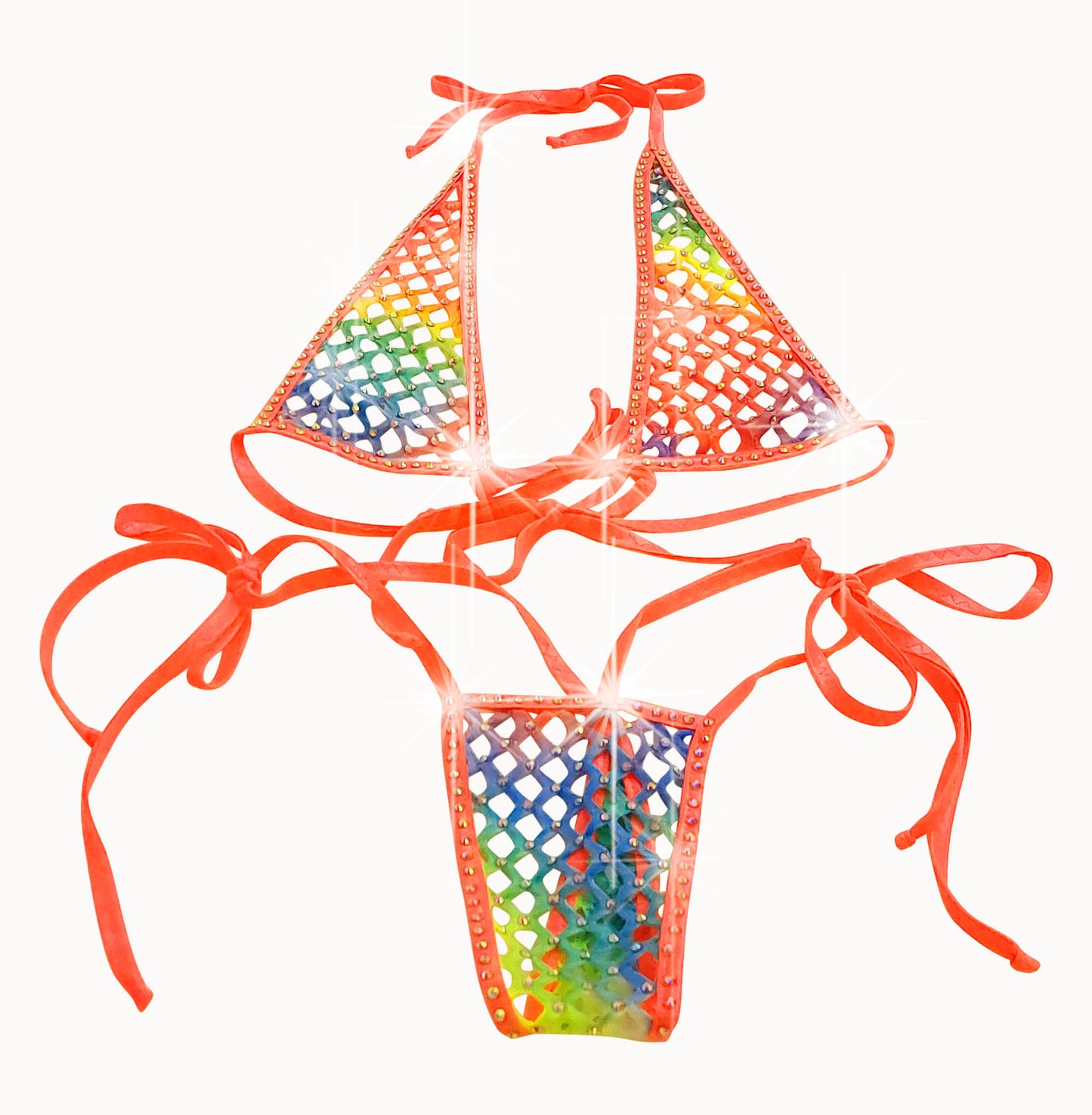 Rainbow fishnet halter bikini with neon orange trim that sparkles on a curvy mannequin.