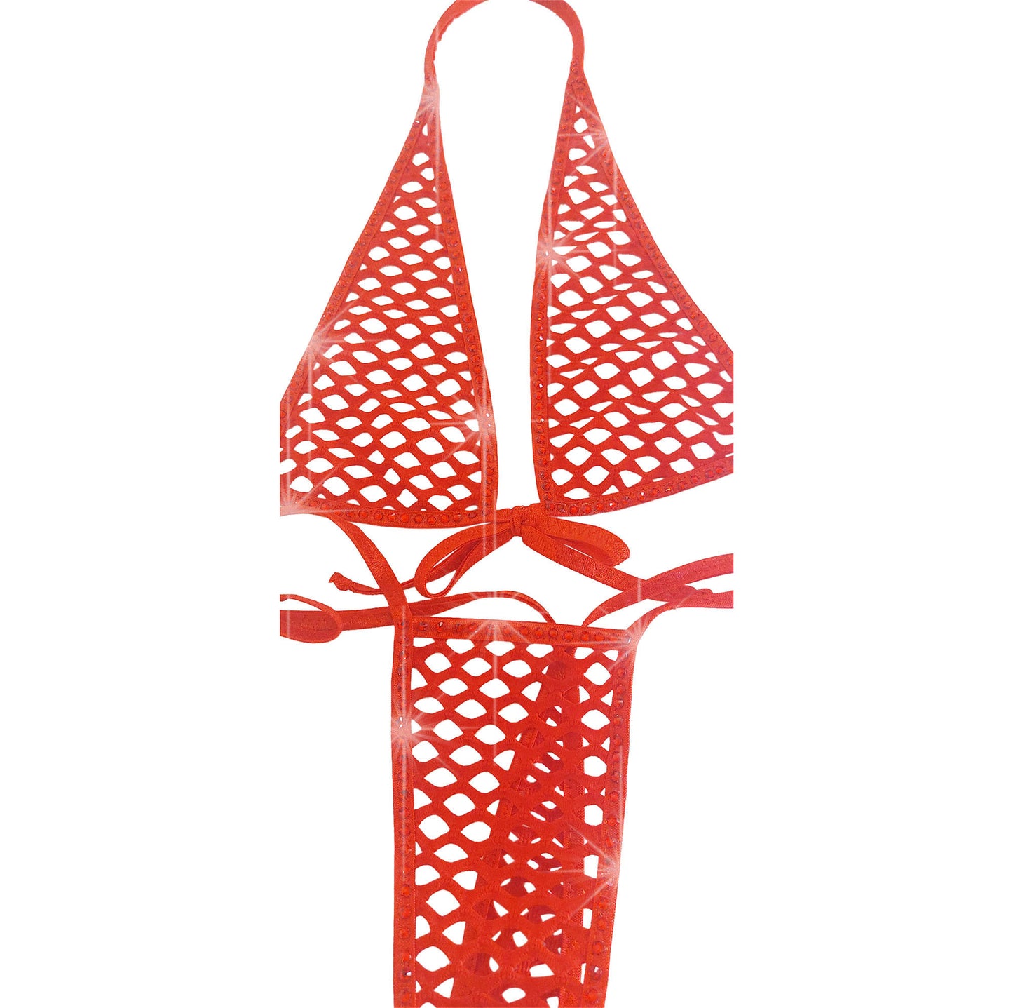 Product shot of Red fishnet halter top and tie side bottom with rhinestone outline on a white background.