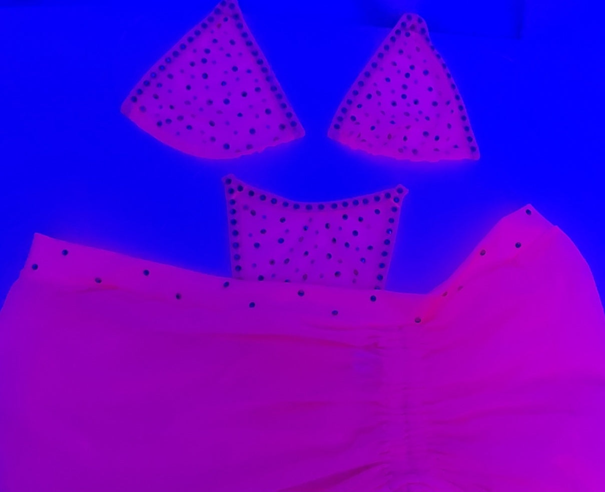 GLOW in Black Light ** Rhinestone Hot Pink Mesh Illusion clear elastic Set **