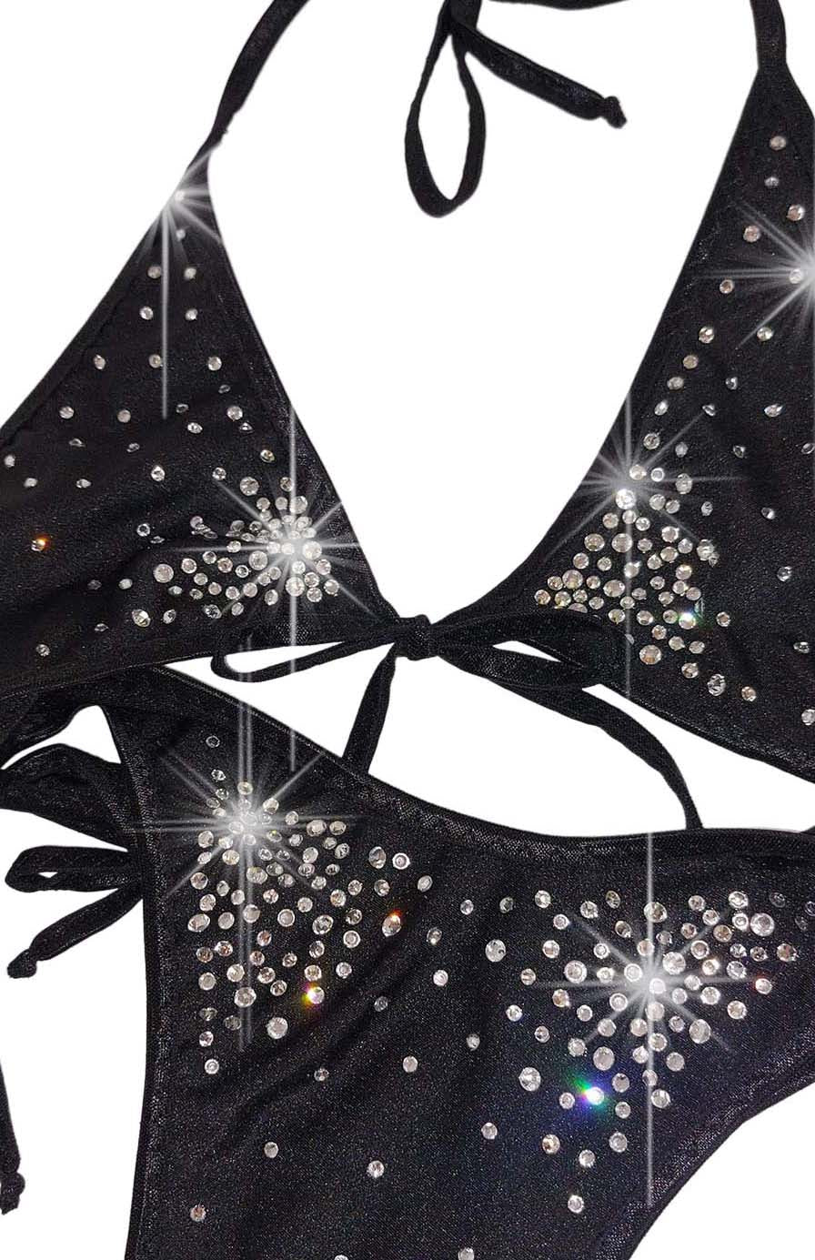Glittering Black Elegance bedazzled rhinestone Monokini One Piece bodysuit