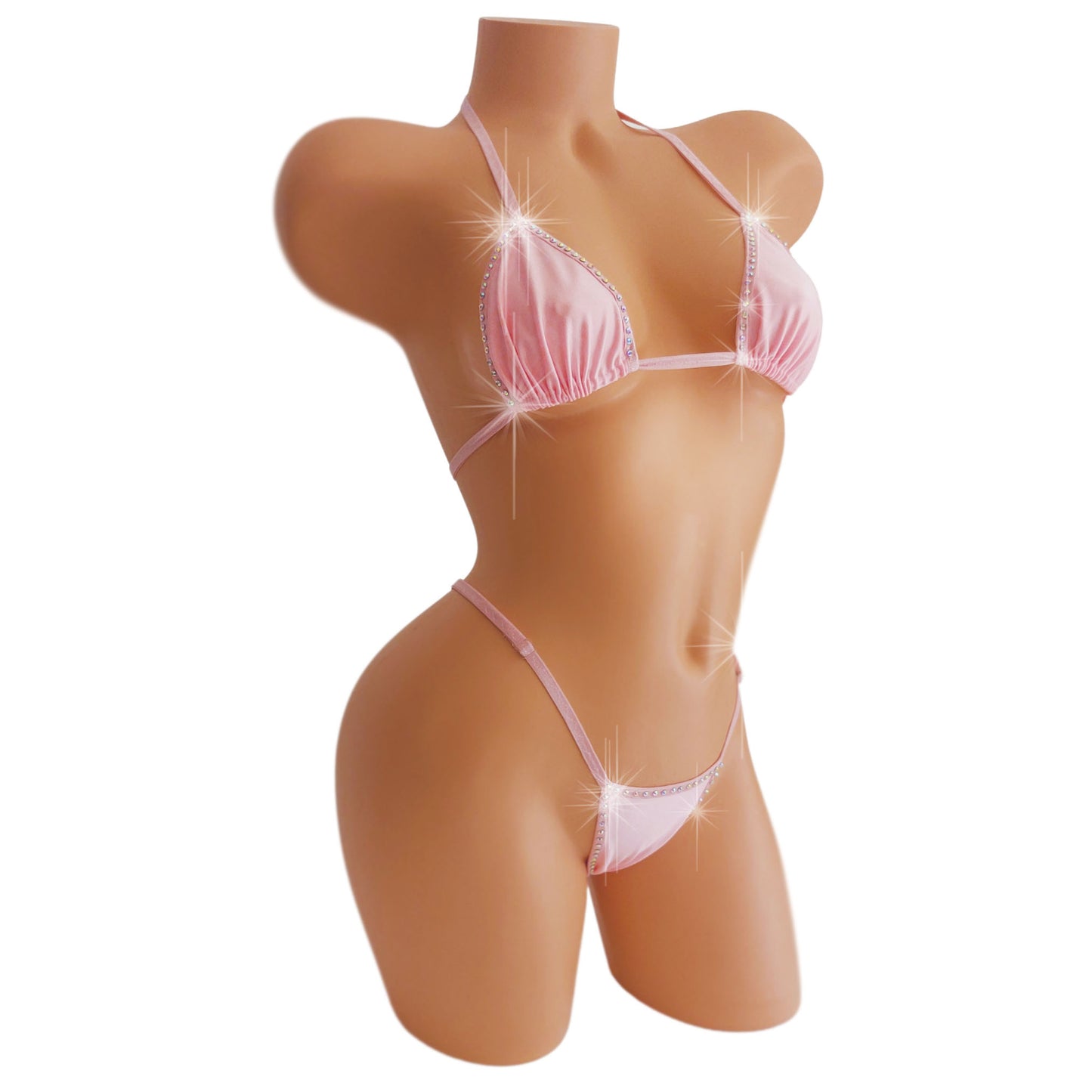 Baby Pink with rhinestones bikini on a curvy mannequin.