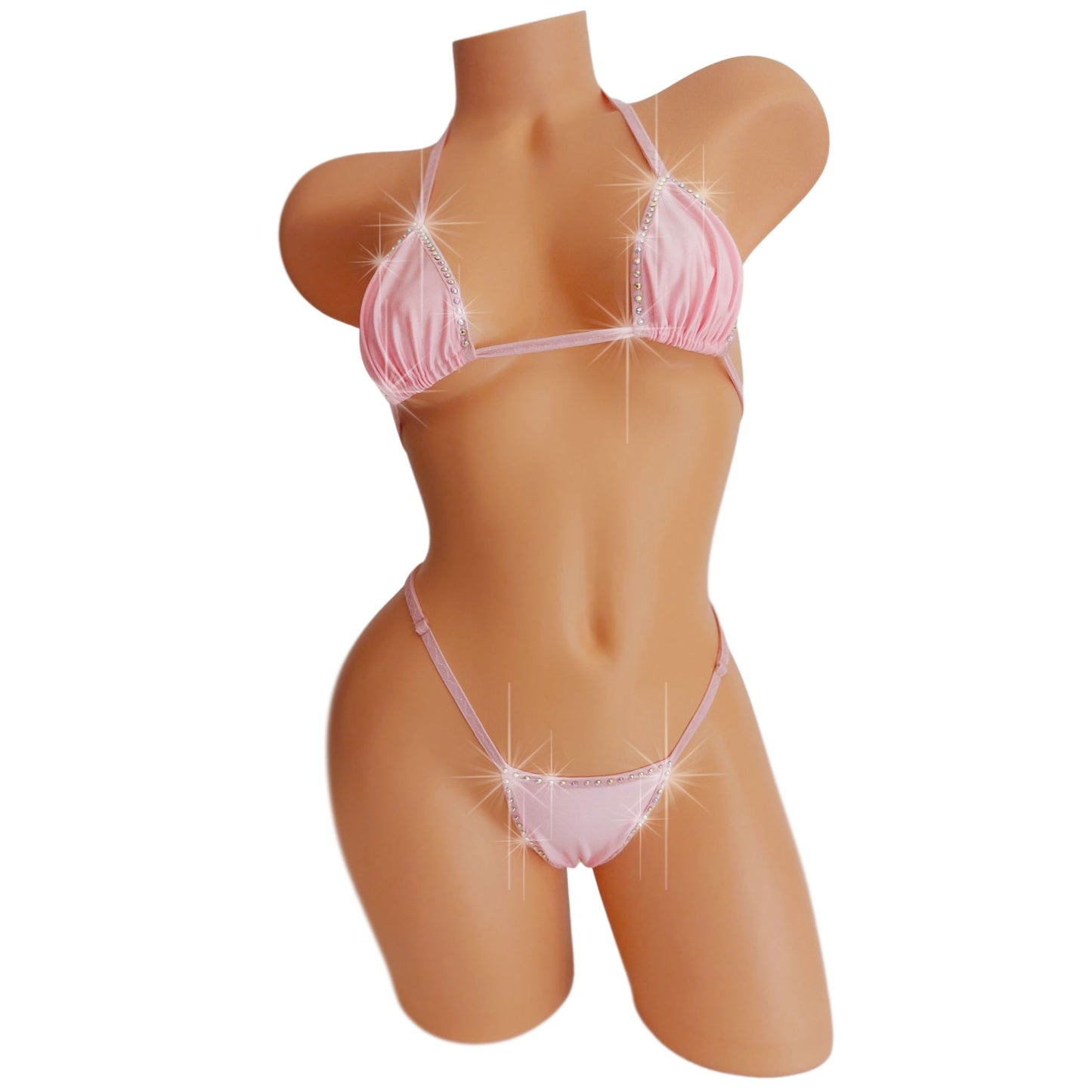 Baby Pink with rhinestones bikini on a curvy mannequin.