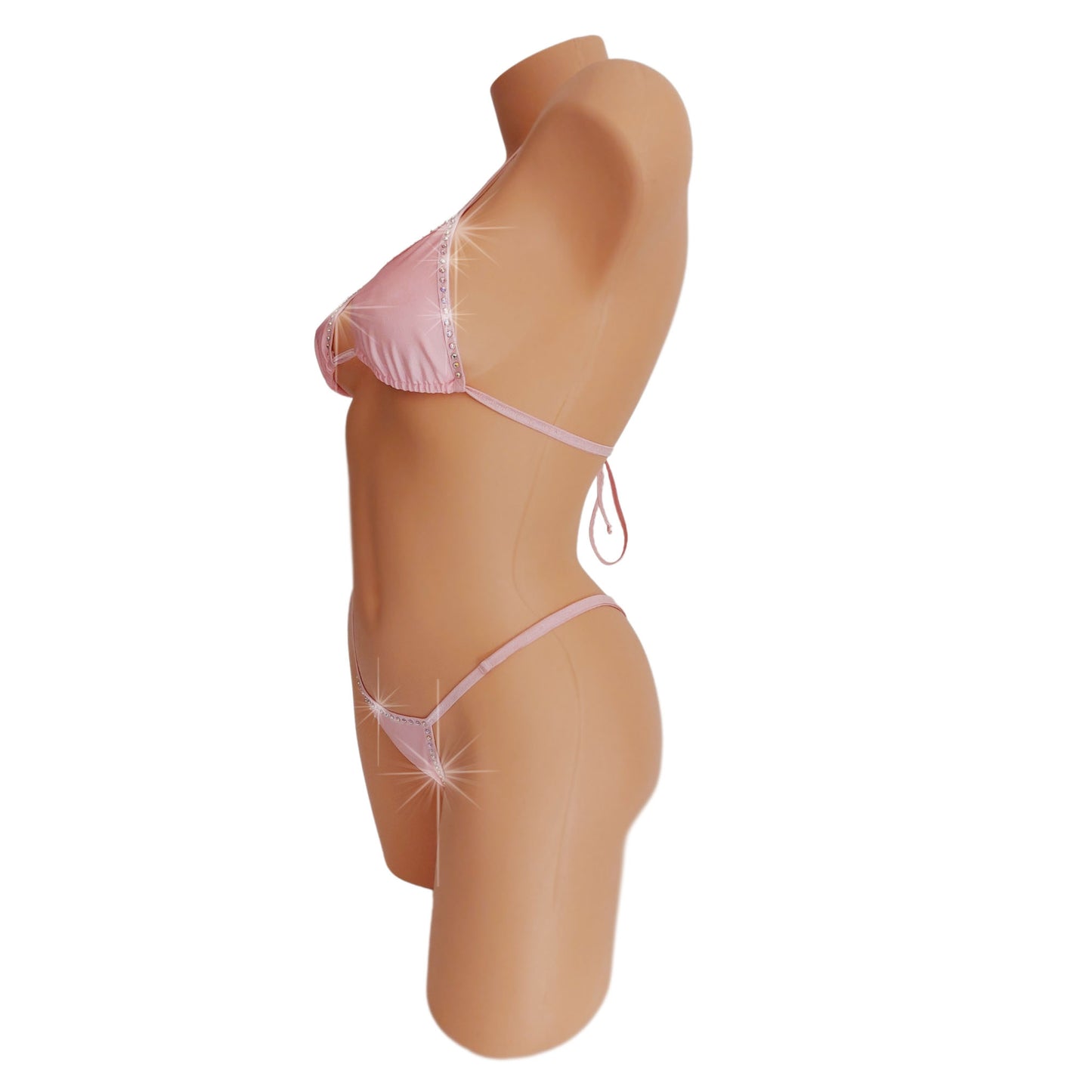 Baby Pink with rhinestones bikini on a curvy mannequin.