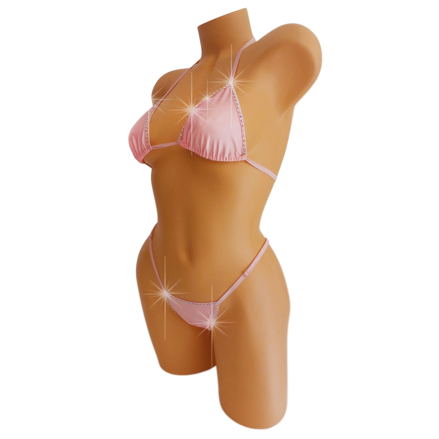 Baby Pink with rhinestones bikini on a curvy mannequin.