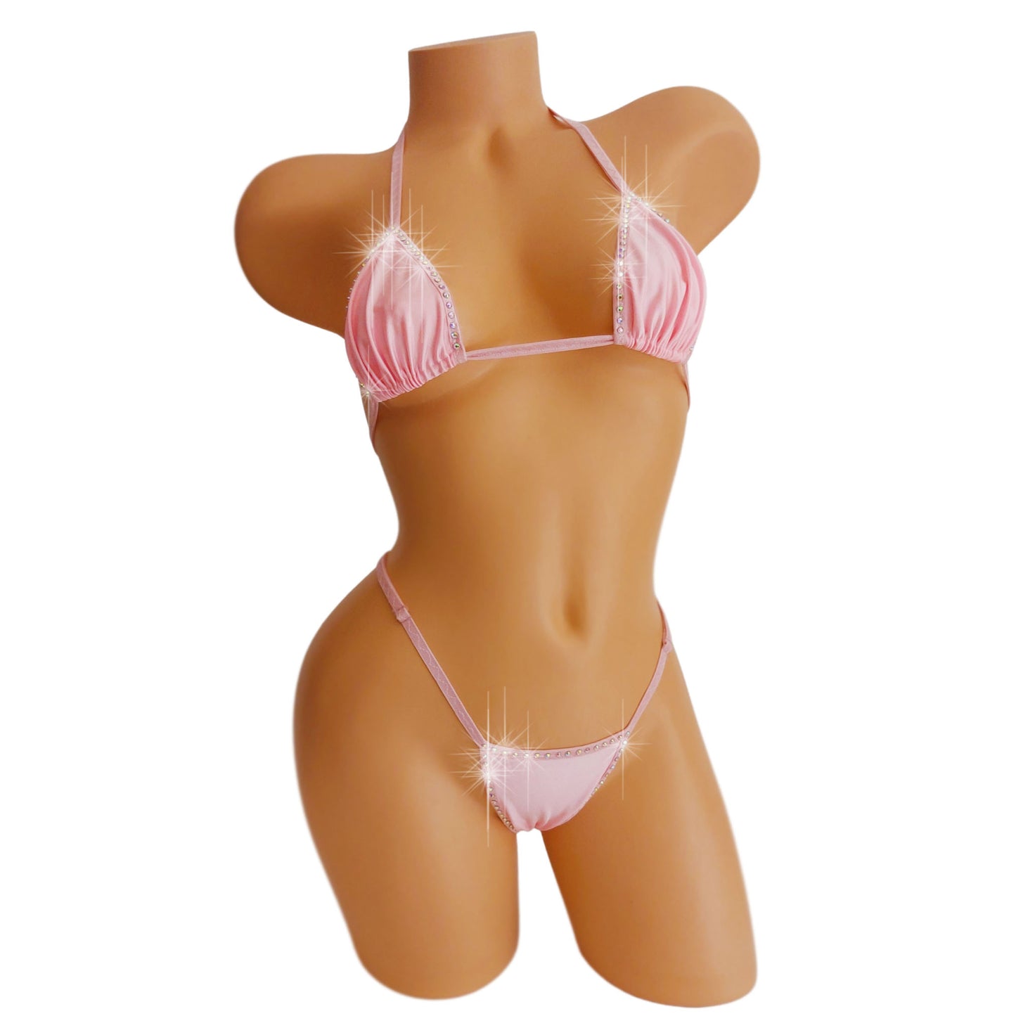 Baby Pink with rhinestones bikini on a curvy mannequin.