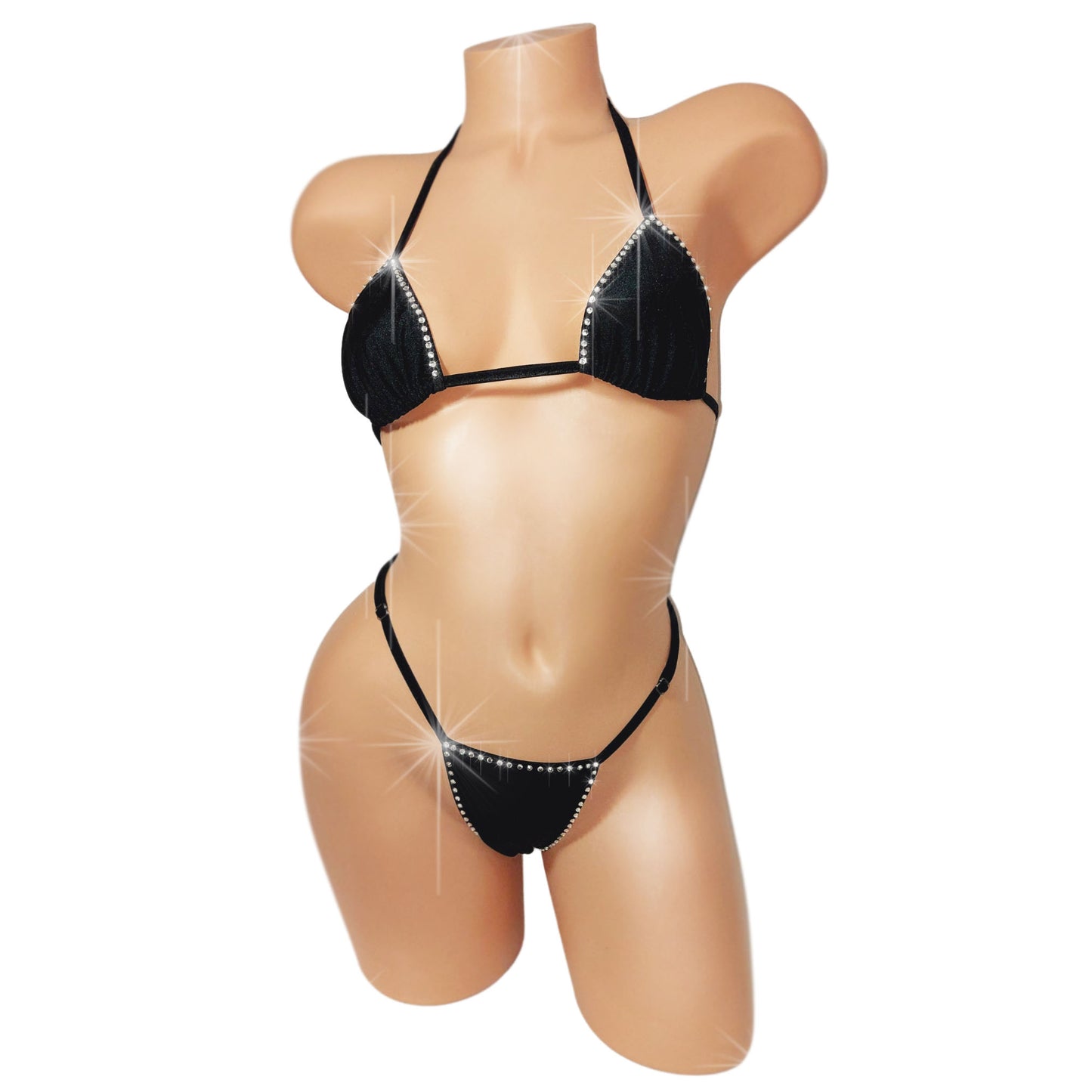 Black bikini set on a mannequin against a white background