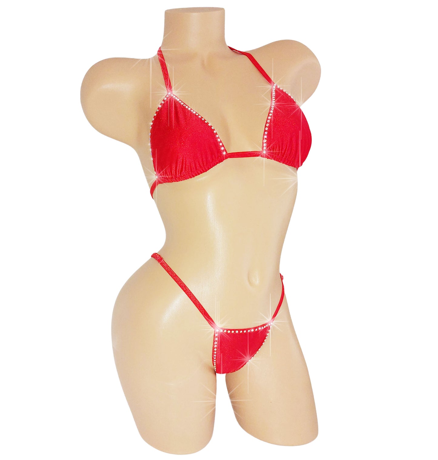 Red Rave Rhinestone whale tail back bikini ADJUSTABLE size straps! XS to XL, AAcup to DDcup stripper dancer outfits exotic dancewear