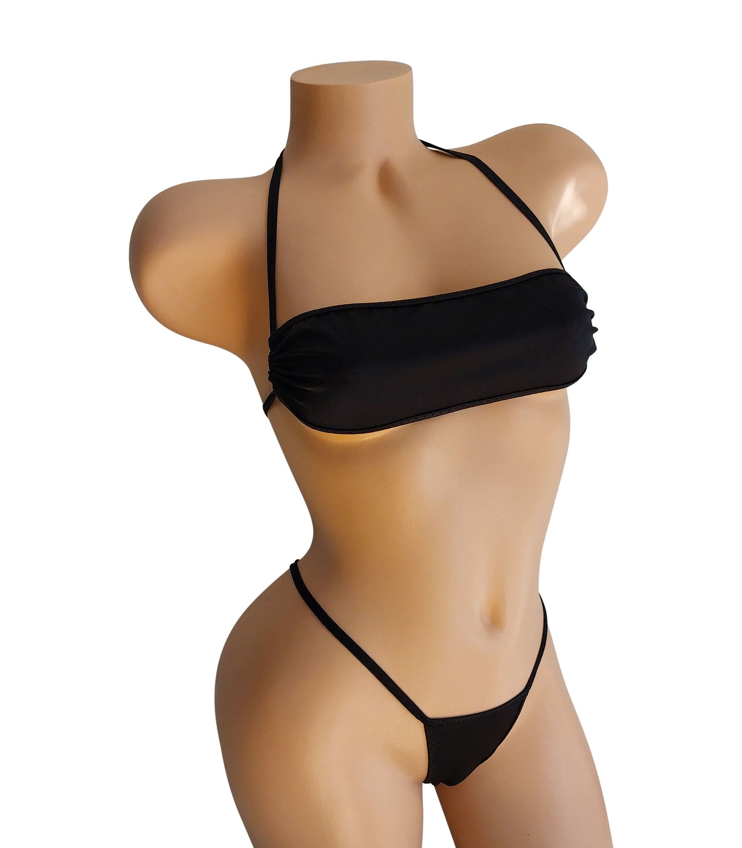 Seductive Black Bandeau thong bikini with ADJUSTABLE STRAPS - Sexy Cute Rave & Stripper outfits and Exotic dancer wear designs -