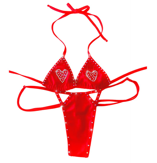 Red Hot Heart - Rhinestone thong Bikini