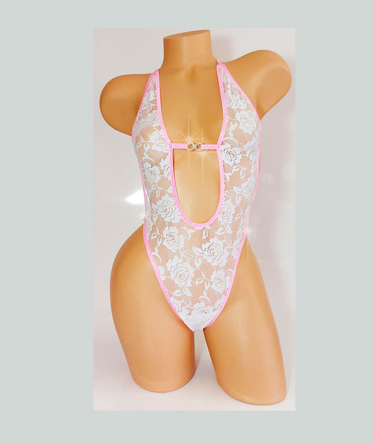 Brides! White Lace & Diamond Rings - pink trimmed one piece with adjustable thong