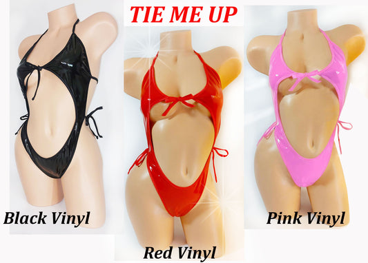 WET LOOK Red PVC Vinyl One Piece * Adjustable ties